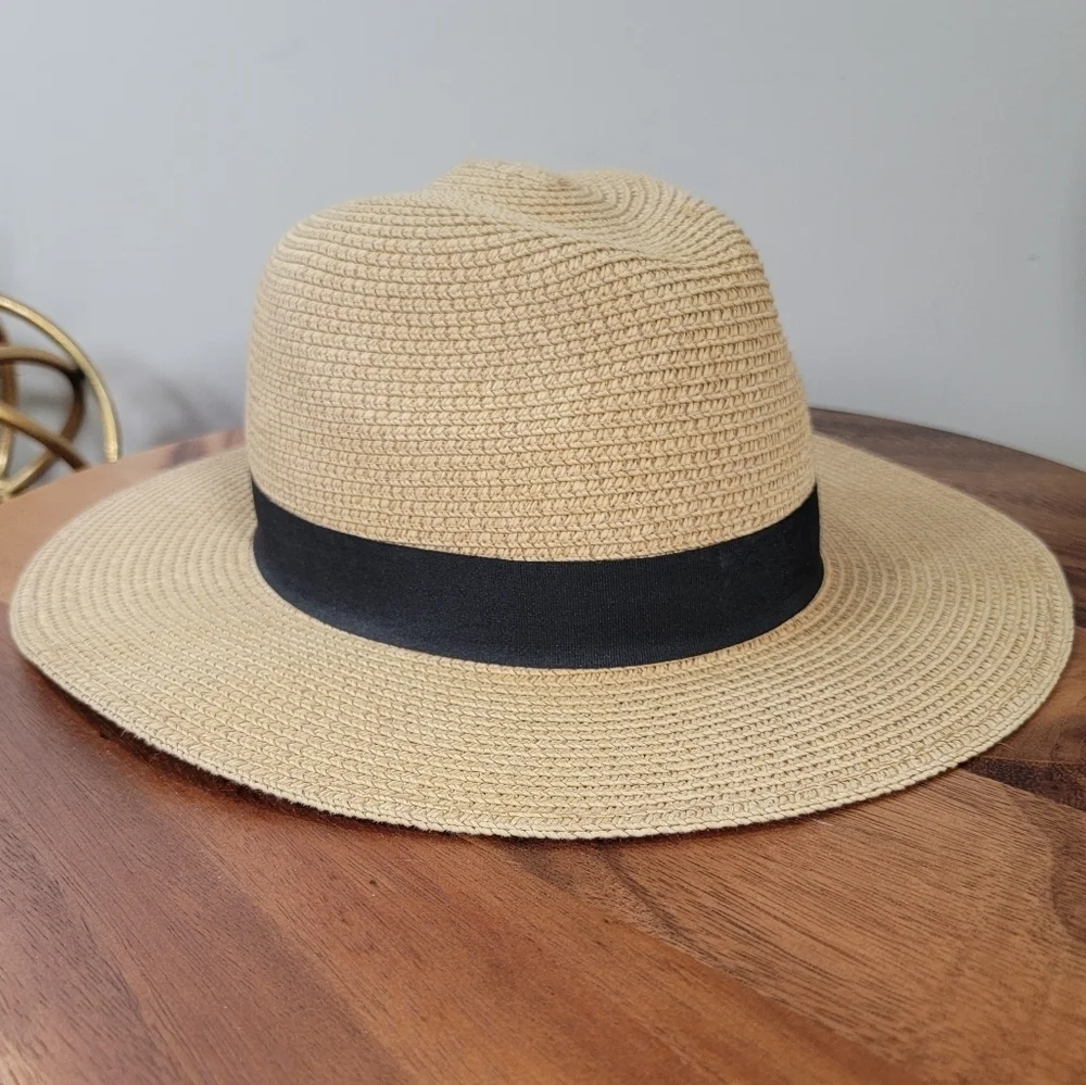 Summer Sun Hat Women's One Size Tan Fedora with Black Band Paper Straw Woven